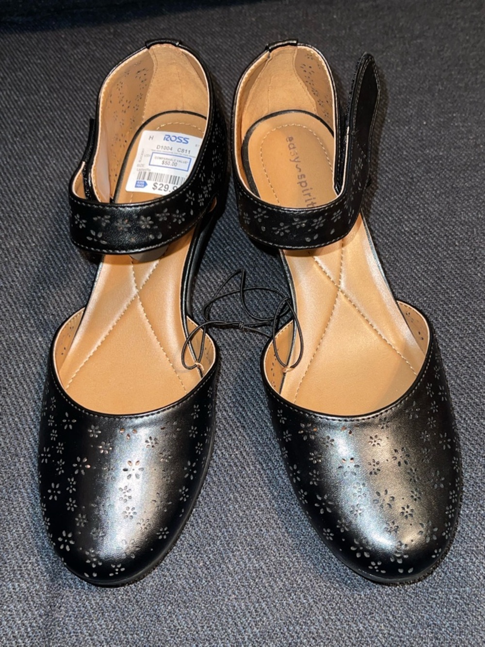 Easy Spirit Classic Black Mary Jane Heels with Perforated Floral Design/Velcro - Picture 2 of 11